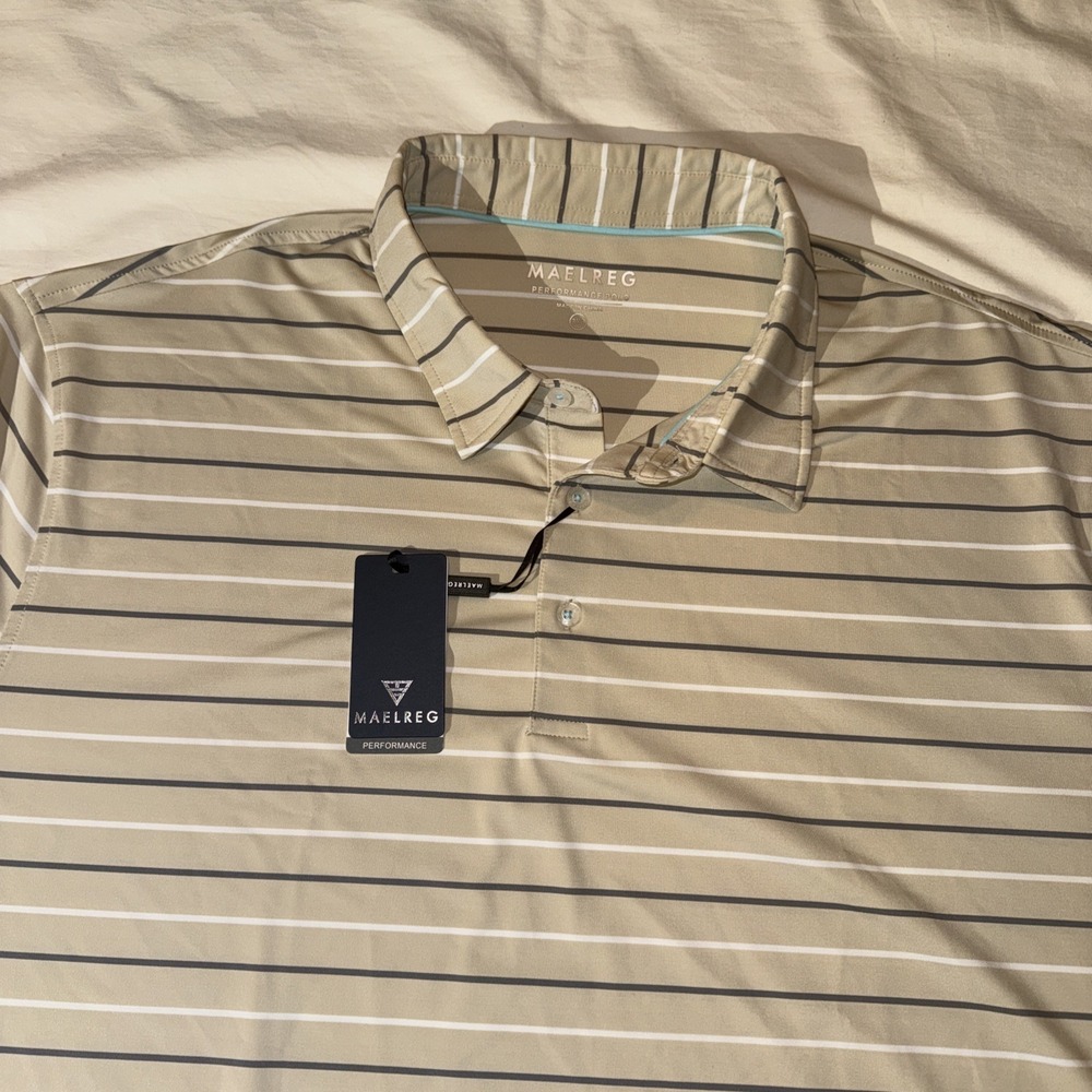 Maelreg Polo  Men's 3XL Khaki Striped Performance Golf Stretch Wicking NWT